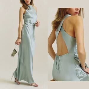 Reformation Aquamarine Anaiis Silk Dress Open Back Slip On Sleeveless Maxi Sz 4